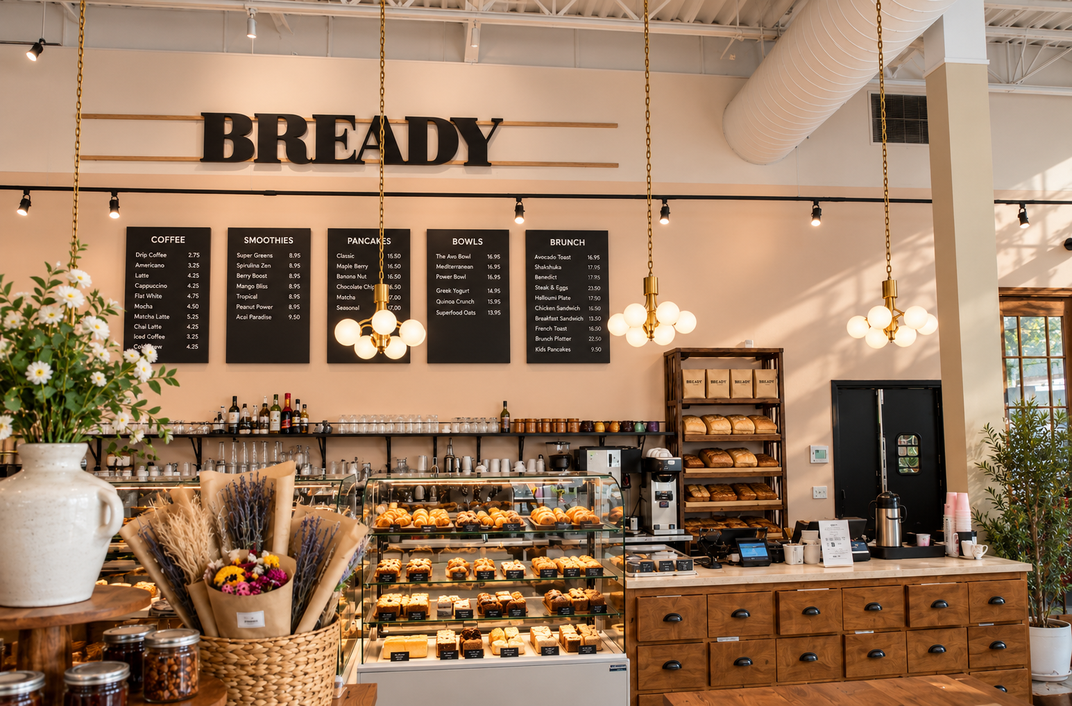 Inside Bready Concord — menu boards, bread shelves and globe pendant lights
