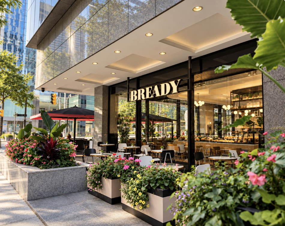 Bready York & Adelaide storefront in downtown Toronto — planters, patio seating and gold BREADY lettering