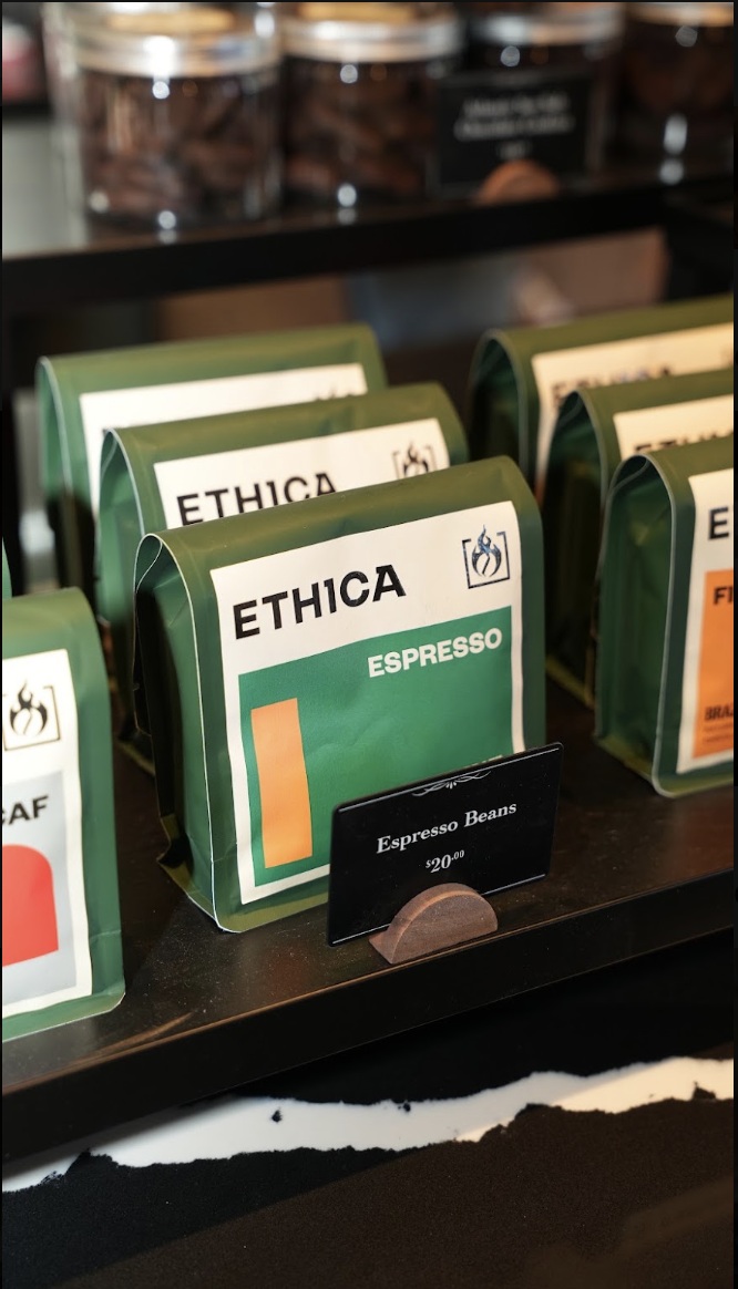 Bready's espresso bean selection on the café shelf
